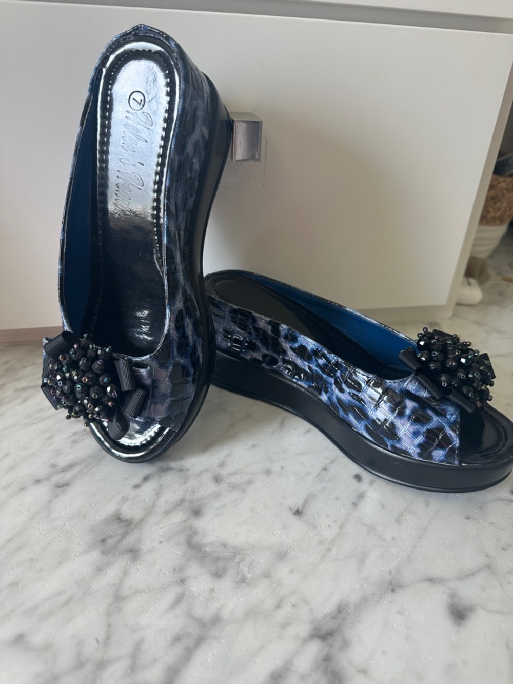 Embellished Blue Patterned Slip-On Wedge Mules